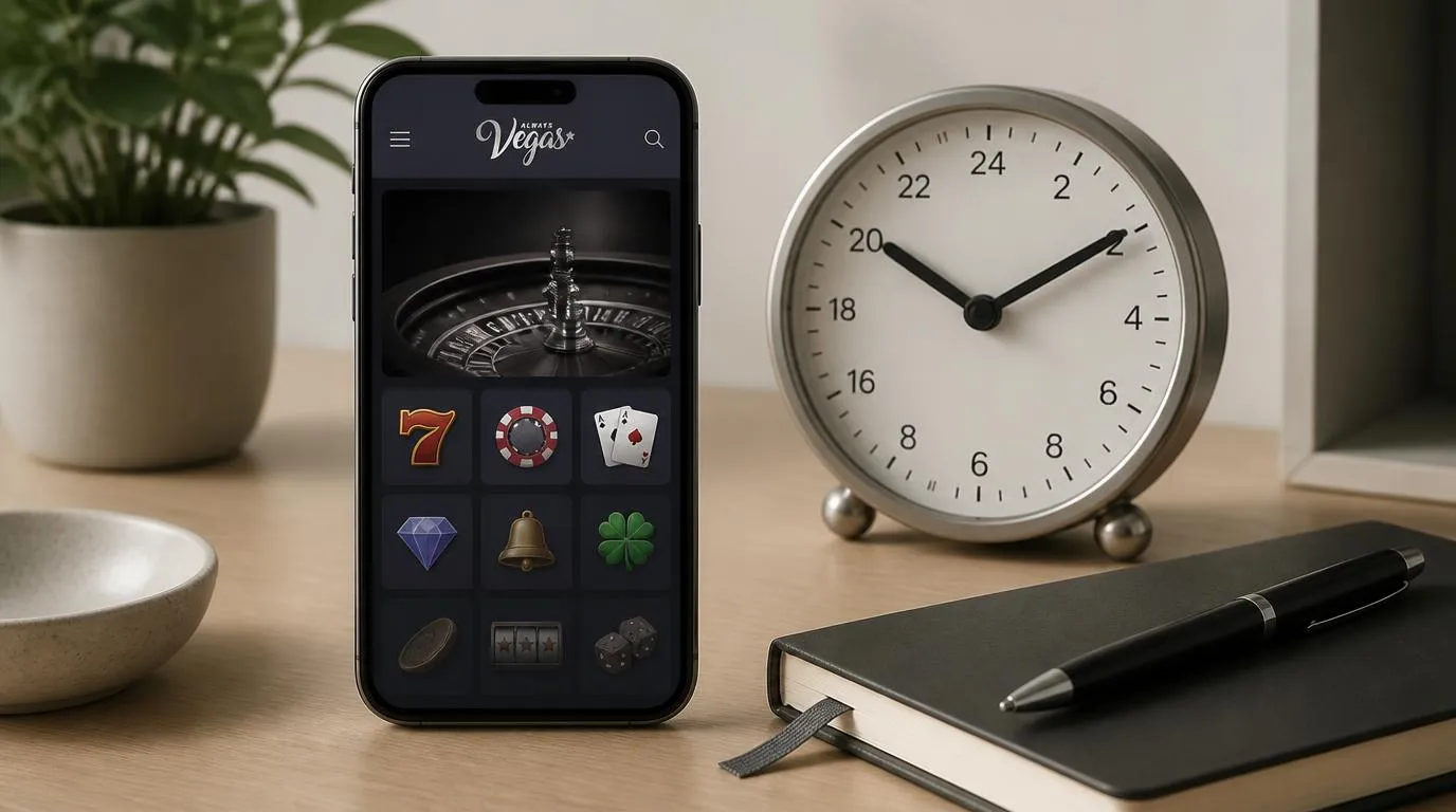 Smartphone mit neutraler Casino-Oberfläche neben einer Uhr als Hinweis auf mobilen Zugang rund um die Uhr